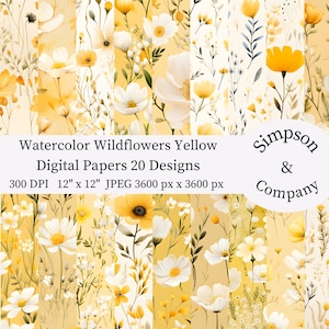 20 fiori di campo dell'acquerello carta digitale gialla, JPEG, 12" x 12", carta per album, diario spazzatura, pacchetto di carta, uso commerciale