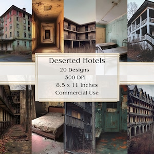 20 hojas de papel para diario Deserted Hotels, papel digital JPEG, 8,5" x 11", papel para álbumes de recortes, papel para diario basura, paquete de papel, uso comercial