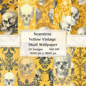 20 gele vintage schedel behang naadloze digitale papier, JPEG, 12 "x 12", scrapbook papier, ongewenste Journal, papier Pack, commercieel gebruik
