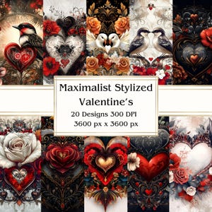 20 papier numérique stylisé maximaliste pour la Saint-Valentin, JPEG, 12 x 12 po, papier de scrapbooking, journal indésirable, paquet de papier, usage commercial