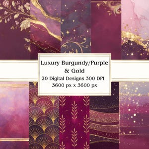 Carta digitale di lusso bordeaux/viola e oro, JPEG, 12" x 12", carta per scrapbooking, diario spazzatura, confezione di carta, uso commerciale