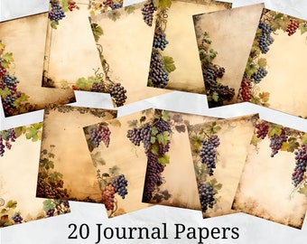 20 Grapes Bordered Aged Journal Paper, Digital Paper JPEG, 8.5" x 11", Scrapbook Paper, Junk Journal, Paper Pack, Commercial Use