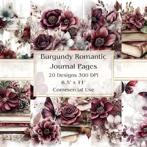 20 carta da giornale romantica bordeaux, carta digitale JPEG, 8,5" x 11", carta per scrapbooking, giornale spazzatura, confezione di carta, uso commerciale