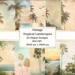 20 Vintage Tropical Landscapes Digital Paper, JPEG, 12&quot; x 12&quot;, Scrapbook Paper, Junk Journal, Paper Pack, Commercial Use