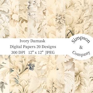 20 Ivory Damask Digital Paper, Victorian Digital Paper Pack, JPEG, 12&quot; x 12&quot;, Scrapbook Paper, Junk Journal, Paper Pack, Commercial Use