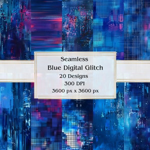 20 Blue Digital Glitch Seamless Digital Paper, JPEG, 12" x 12", Scrapbook Paper, Junk Journal, Paper Pack, Commercial Use