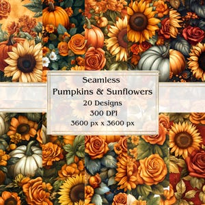 20 Kürbisse und Sonnenblumen Nahtloses digitales Papier, JPEG, 12 "x 12", Scrapbookpapier, Junk Journal, Papiersatz, kommerzielle Nutzung