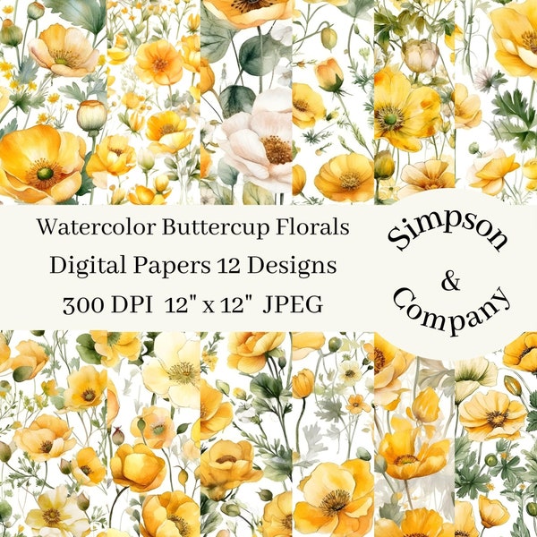 12 Watercolor Buttercup Florals Digital Papers, JPEG, 12" x 12", Scrapbook Paper, Junk Journal, Paper Pack, Commercial Use