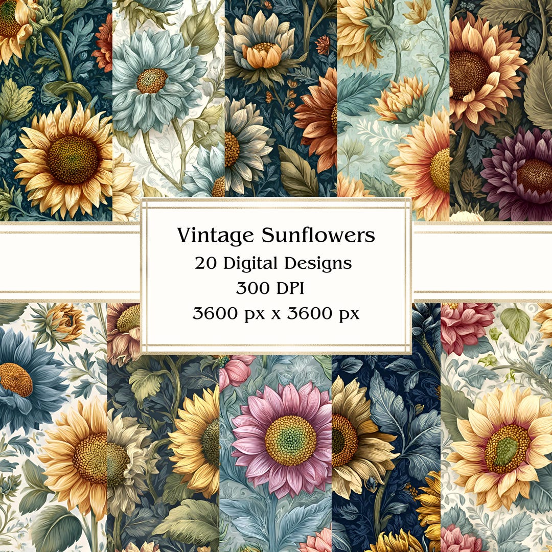 20 Vintage Sunflowers Digital Papers, JPEG, 12" X 12", Scrapbook Paper ...