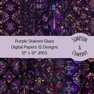 12 Purple Stained Glass Digital Papers, JPEG, 12&quot; x 12&quot;, Scrapbook Paper, Junk Journal, Paper Pack