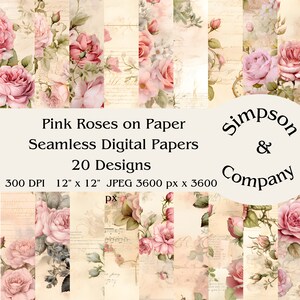 20 rose rosa su carta invecchiata Carta digitale senza cuciture, JPEG, 12" x 12", Carta per album, Diario spazzatura, Pacchetto di carta, Uso commerciale