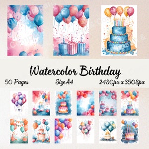 50 Watercolor Birthday Digital Paper, JPEG, Size A4 Paper Scrapbook Paper, Junk Journal, Paper Pack, Commercial Use