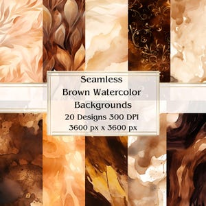 20 Fundos de aquarela marrom Papel digital sem costura, JPEG, 12" x 12", Papel para scrapbook, Diário de lixo, Pacote de papel, Uso comercial