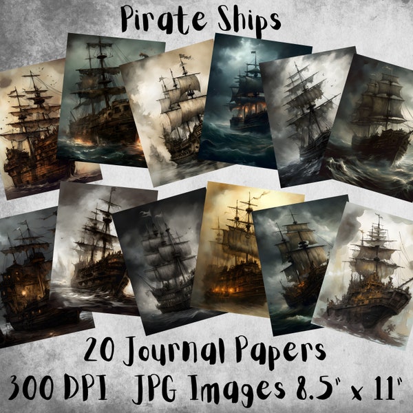 20 Pirate Ships Journal Paper, Papier numérique JPEG, 8,5 « x 11 », Papier scrapbook, Junk Journal, Paper Pack, Utilisation commerciale