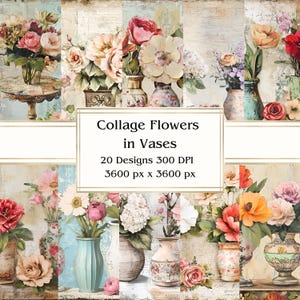20 Collage Flowers in Vases Digital Paper, JPEG, 12&quot; x 12&quot;, Scrapbook Paper, Junk Journal, Paper Pack, Commercial Use
