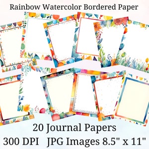 20 papel de diario con borde de acuarela arco iris, papel digital JPEG, 8,5" x 11", papel de álbum de recortes, diario basura, paquete de papel, uso comercial