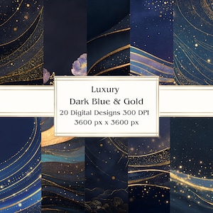20 papéis digitais luxuosos em azul escuro e dourado, JPEG, 30,5 x 30,5 cm, papel para scrapbook, diário de sucata, pacote de papel, uso comercial