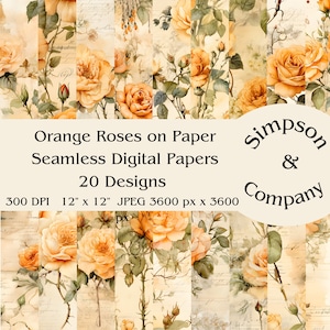 20 rosas laranja em papel envelhecido, papel digital sem costura, JPEG, 12" x 12", papel para scrapbook, lixo eletrônico, pacote de papel, uso comercial