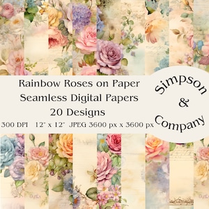 20 rosas arco-íris em papel envelhecido, papel digital sem costura, JPEG, 12" x 12", papel para scrapbook, lixo eletrônico, pacote de papel, uso comercial