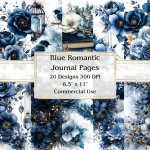 20 Blue Romantic Journal Paper, Digital Paper JPEG, 8.5&quot; x 11&quot;, Scrapbook Paper, Junk Journal, Paper Pack, Commercial Use