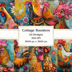 20 Collage Hähne Digitales Papier, JPEG, 12 "x 12", Scrapbook Papier, Junk Journal, Papiersatz, Kommerzielle Nutzung