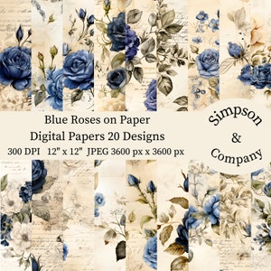 20 blaue Rosen auf gealtertem Papier Digitales Papier, JPEG, 12 "x 12", Scrapbookpapier, Junk-Journal, Papierpaket, kommerzielle Nutzung