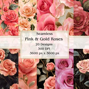 Papel digital sin costuras con 20 rosas rosas y doradas, JPEG, 12" x 12", papel para álbumes de recortes, Junk Journal, paquete de papel, uso comercial