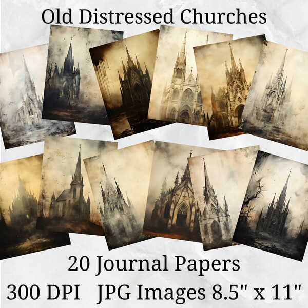 20 Distressed Gothic Churches Journal Paper, Digital Paper JPEG, 8.5" x 11", Scrapbook Paper, Junk Journal, Paper Pack, Commercial Use