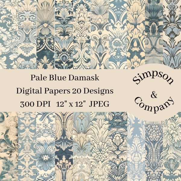 20 Pale Blue Damask Digital Paper, Victorian Digital Paper Pack, JPEG, 12" x 12", Scrapbook Paper, Junk Journal, Paper Pack, Commercial Use