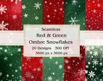 20 Red & Green Ombre Snowflakes Seamless Digital Paper, JPEG, 12" x 12", Scrapbook Paper, Junk Journal, Paper Pack, Commercial Use