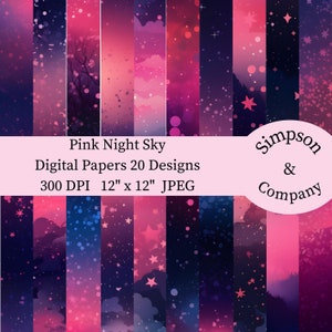 20 Pink Night Sky digitaal papier, JPEG, 12" x 12", Scrapbookpapier, Junk Journal, Paper Pack, Commercieel gebruik