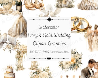 35 PNG Watercolor Ivory & Gold Wedding Clipart, Wedding Graphics, Instant Download, Commercial Use