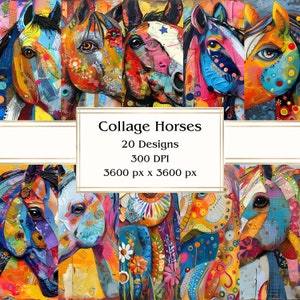 20 Collage-Pferde-Digitalpapier, JPEG, 12" x 12", Scrapbook-Papier, Junk Journal, Papierpaket, kommerzielle Nutzung