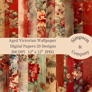 20 papel digital de fondo de pantalla victoriano envejecido rojo, JPEG, 12" x 12", papel de álbum de recortes, diario basura, paquete de papel, uso comercial