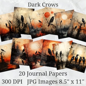 20 Dark Crows Journal Paper, Digital Paper JPEG, 8.5&quot; x 11&quot;, Scrapbook Paper, Junk Journal, Paper Pack, Commercial Use