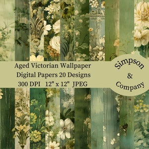 20 grün gealterte viktorianische Tapete, Digitales Papier, JPEG, 12 "x 12", Scrapbook Papier, Junk Journal, Paper Pack, Kommerzielle Nutzung