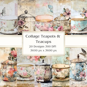 20 Vintage Collage Teekannen & Teetassen Digitales Papier, JPEG, 12 "x 12", Scrapbook Papier, Junk Journal, Paper Pack, Kommerzielle Nutzung