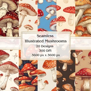 20 naadloos geïllustreerde paddenstoelen digitaal papier, jpeg, 12" x 12", plakboek, junkjournal, papieren verpakking, commercieel gebruik
