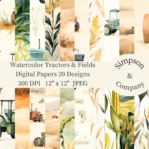 20 documenti digitali per trattori e campi ad acquerello, JPEG, 12" x 12", carta per album, diario spazzatura, pacchetto di carta