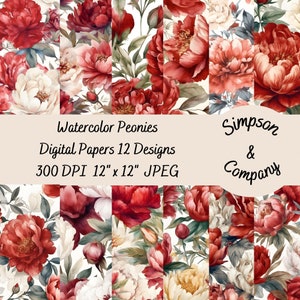 12 aquarel pioenrozen rood & wit digitaal papier, JPEG, 12" x 12", Scrapbookpapier, Junk Journal, Paper Pack, Commercieel gebruik