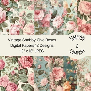 12 Vintage Shabby Chic Roses Digital Papers, JPEG, 12&quot; x 12&quot;, Scrapbook Paper, Junk Journal, Paper Pack