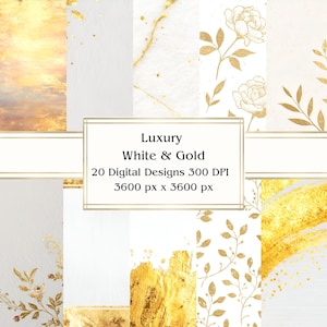 20 Luxus Weiß & Gold Digital Papier, JPEG, 12 "x 12", Scrapbook Papier, Junk Journal, Paper Pack, Kommerzielle Nutzung