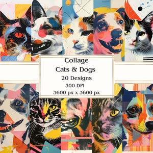 20 collages de gatos y perros, papel digital, JPEG, 12" x 12", papel para álbumes de recortes, Junk Journal, paquete de papel, uso comercial