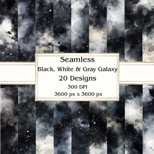 20 Zwart, Wit & Grijs Galaxy Naadloos Digitaal Papier, JPEG, 12" x 12", Scrapbookpapier, Junk Journal, Paper Pack, Commercieel gebruik