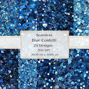 20 padrões de confete azul, papel digital sem costura, JPEG, 12" x 12", papel de álbum de recortes, lixo eletrônico, pacote de papel, uso comercial