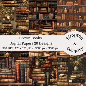 20 Brown Books Digital Paper, Digital Paper Pack, JPEG, 12&quot; x 12&quot;, Scrapbook Paper, Junk Journal, Paper Pack, Commercial Use