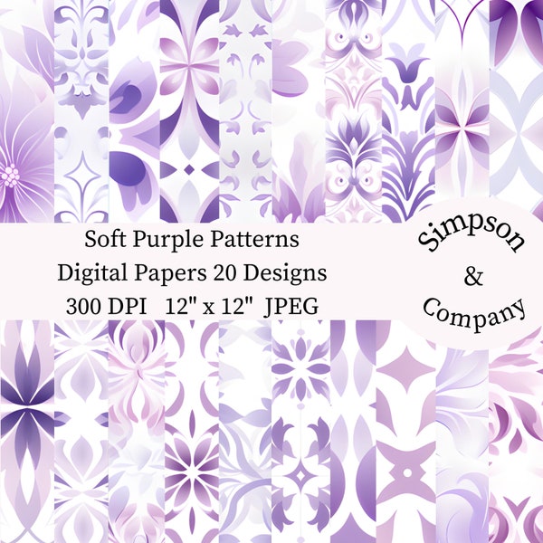 20 Soft Purple Patterns Digital Paper, JPEG, 12" x 12", Scrapbook Paper, Junk Journal, Paper Pack, Commercial Use