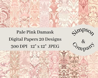 20 Pale Pink Damask Digital Paper, Victorian Digital Paper Pack, JPEG, 12" x 12", Scrapbook Paper, Junk Journal, Paper Pack, Commercial Use