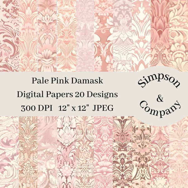 20 papier numérique damassé rose pâle, paquet de papier numérique victorien, JPEG, 12 x 12 po, papier de scrapbooking, journal indésirable, paquet de papier, usage commercial