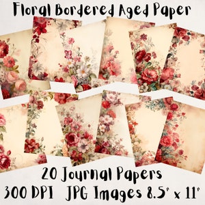 20 papel de diário envelhecido com bordas florais, papel digital JPEG, 8,5" x 11", papel de álbum de recortes, diário indesejado, pacote de papel, uso comercial